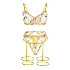 SUBBLIME - 954345 BRA + THONG + GARTER BELT FLORAL DESIGN YELLOW S/M