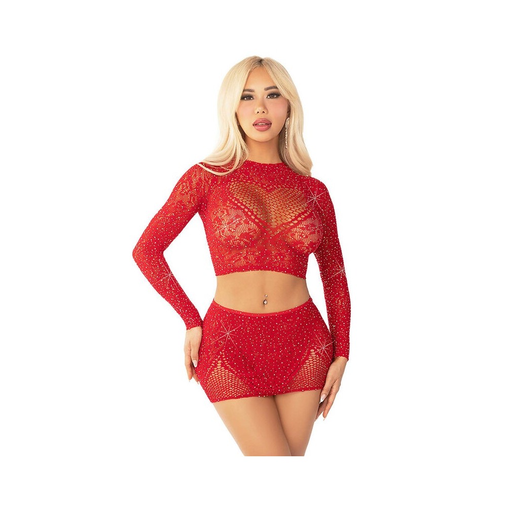 LEG AVENUE - SHINY NET CROP + MINI SKIRT RED