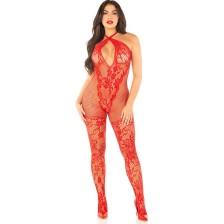 LEG AVENUE - FLOWER PRINT MESH BODYSTOCKING RED ONE SIZE