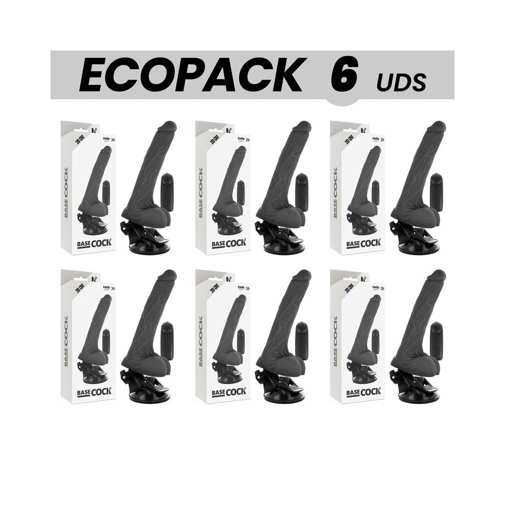 ECOPACK 6 UNITS - BASECOCK REALISTIC BLACK REMOTE CONTROL VIBRATOR WITH TESTICLES 20 CM -O- 4 CM