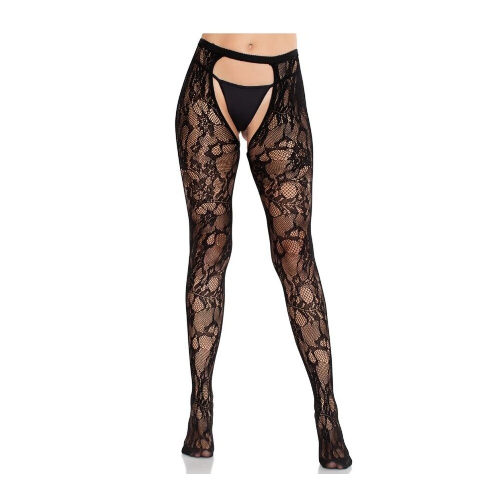 LEG AVENUE - CALZE IN PIZZO ROSA CON SCHIENA APERTA NERE