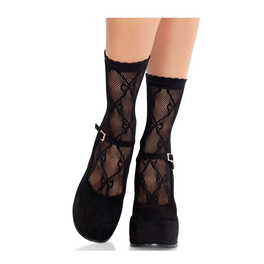 LEG AVENUE - BLACK LACE BOW LACE SOCKS