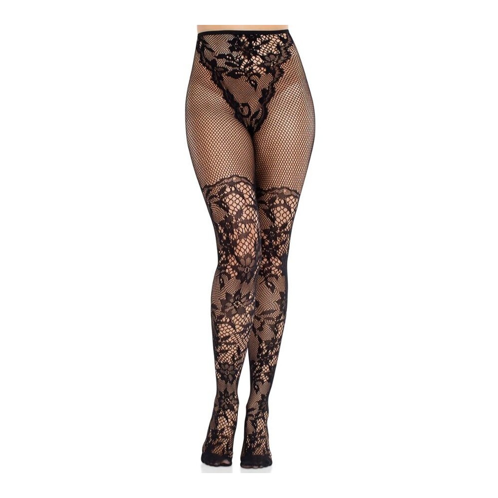LEG AVENUE - MEIAS DE RENDA DÁLIA COM DETALHE DE REDE PRETAS