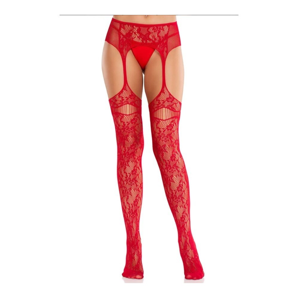 LEG AVENUE - LACE STOCKINGS WITH GARTERS RED