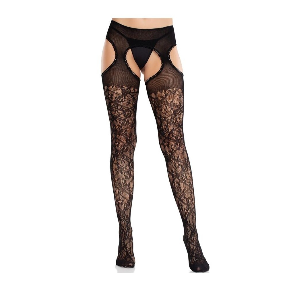 LEG AVENUE - MEIAS DE RENDA FLORAL COM LIGAS UNITED BLACK