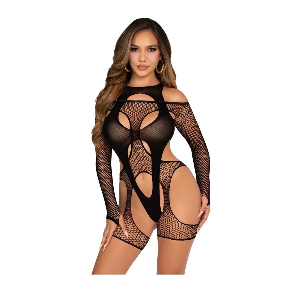 LEG AVENUE - BODYSTOCKING A RETE CON CINTURA E IMBRACATURA NERA
