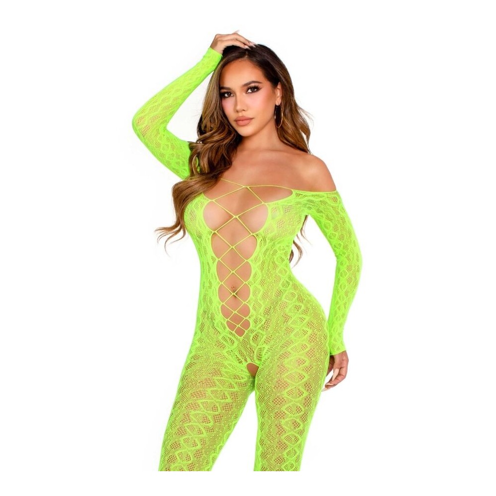 LEG AVENUE - CROTCHLESS BODYSTOCKING EXOTIC SNAKE LACE NEON GREEN