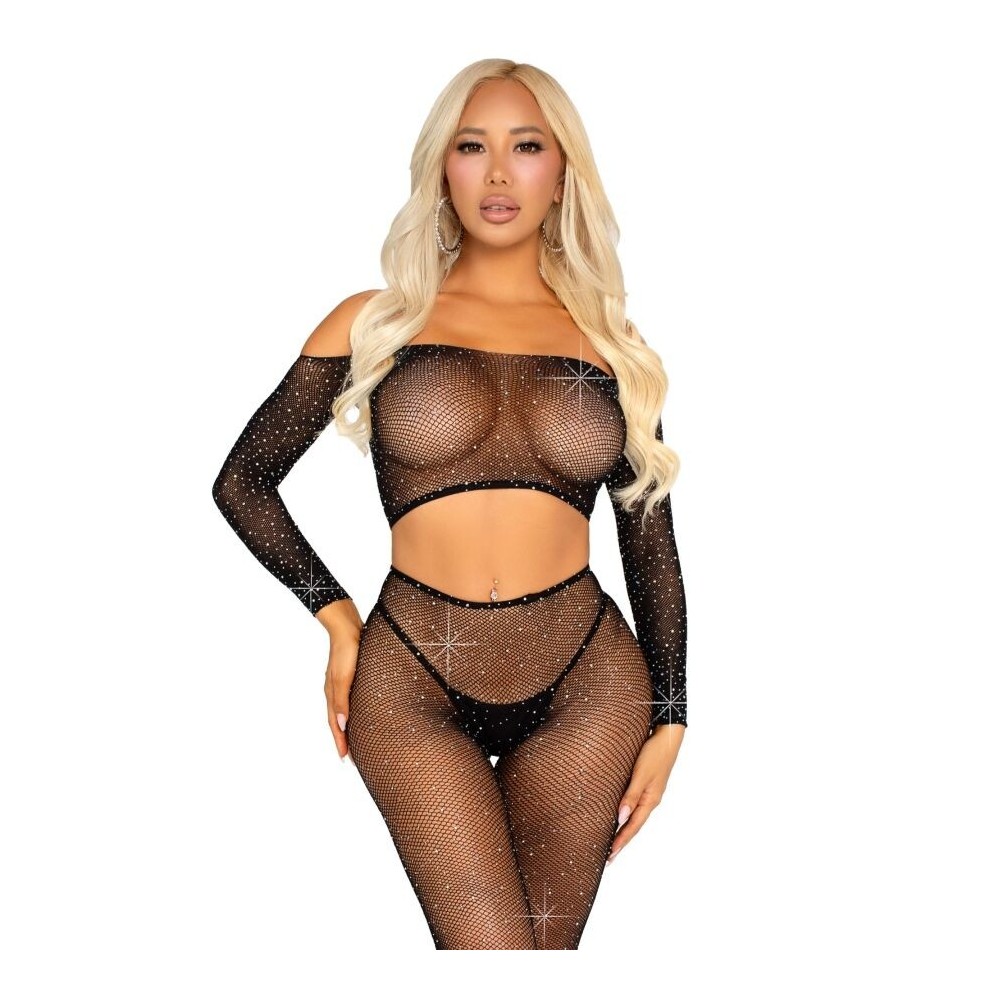 LEG AVENUE - CROP TOP UND NETZLEGGING MIT STRASS-STEINEN SCHWARZ