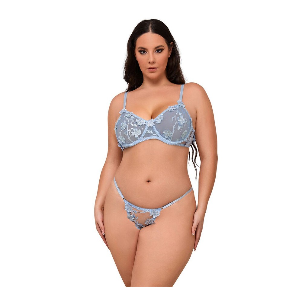 SUBBLIME - 957636 CONJUNTO DE SUTIÃ E CALCINHA BORDADOS COM FLORES AZUL CELESTE L/XL