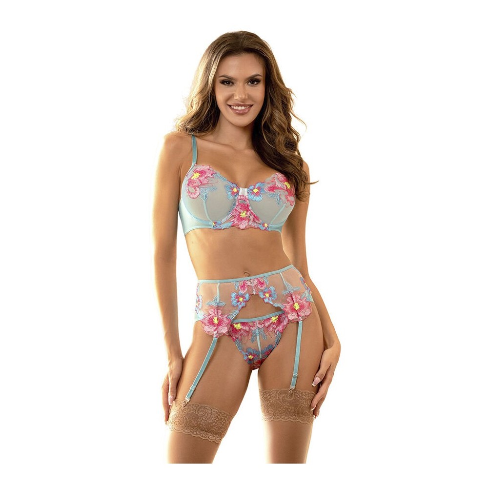 SUBBLIME - 957643 CONJUNTO DE SUTIÃ E CINTO-LIGA BORDADO COM FLORES ROSA S/M