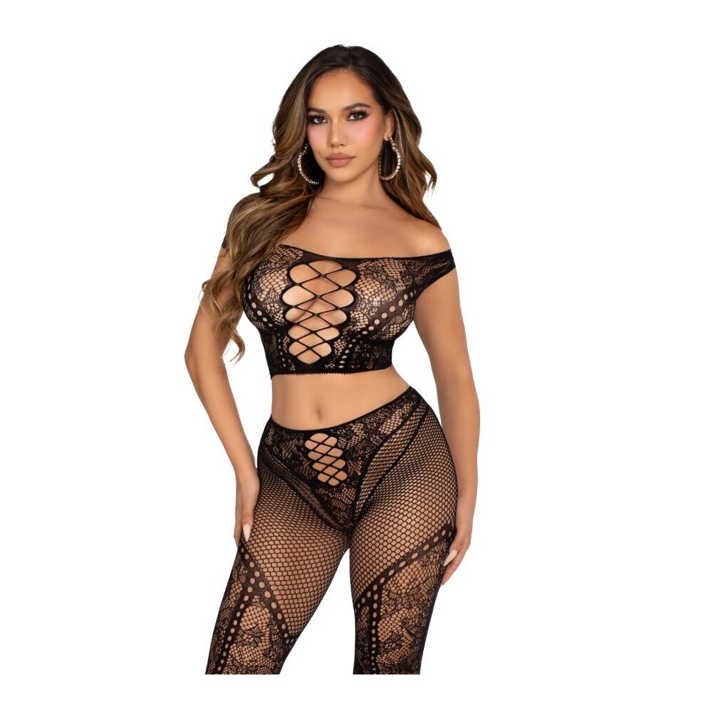 LEG AVENUE - CROP TOP UND FISHNET LEGGING MIT NACKTEN SCHULTERN SCHWARZ