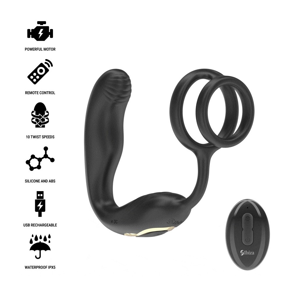 IBIZA - Plug anal rotatif télécommandé WIGGLE avec vibrations périnéales et anneaux rehaussant le pénis