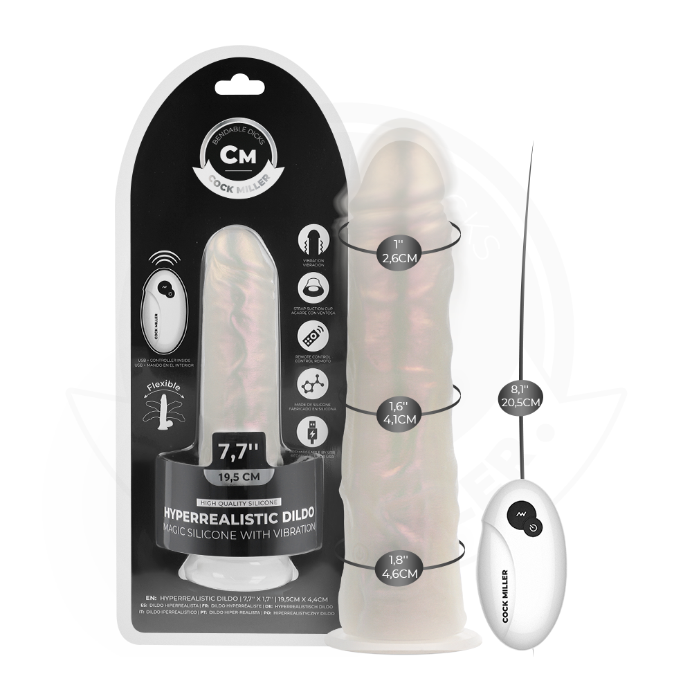 COCK MILLER - DILDO WITH SUCTION CUP, LIGHTS AND VIBRATION WITH REMOTE CONTROL WHITE 20.5 CM