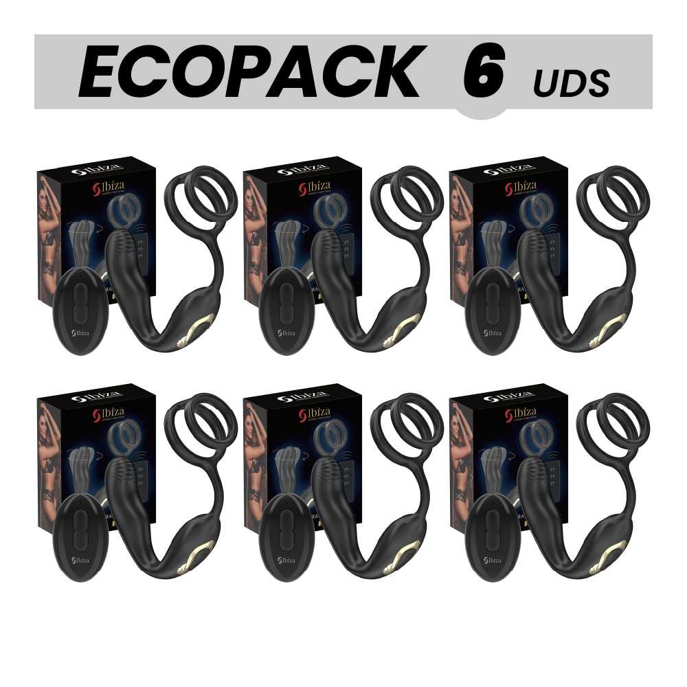 ECOPACKS 6 UNITÀ - IBIZA WIGGLE TAPPO ANALE ROTANTE TELECOMANDATO CON VIBRAZIONE PERINEALE E ANELLI PER L'ESTENSIONE DEL PENE