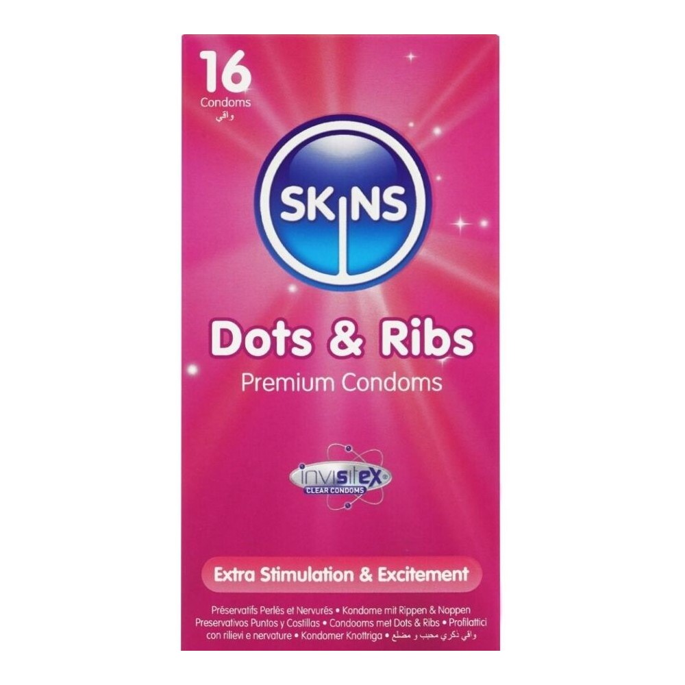 SKINS - DOTS & RIBS PREMIUM PRESERVATIVOS PACOTE COM 16