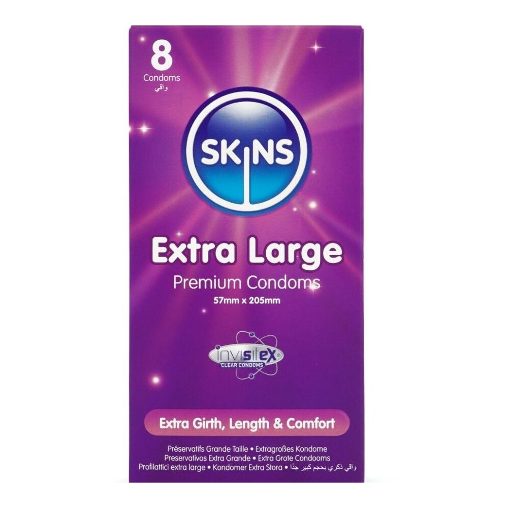 SKINS - PRESERVATIVOS EXTRA GRANDE PREMIUM PACOTE COM 8