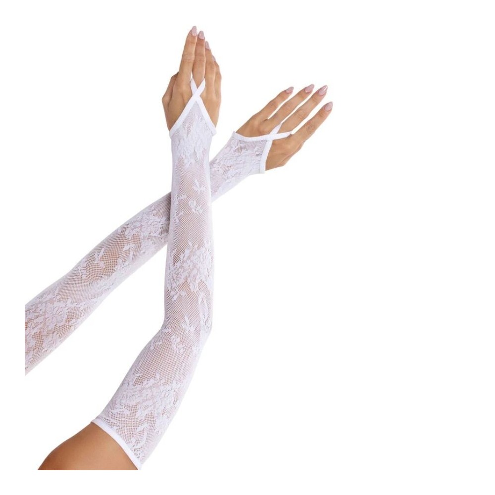 LEG AVENUE - GANTS CHAUFFANTS EXTRA LONGS EN DENTELLE FLORALE BLANCS
