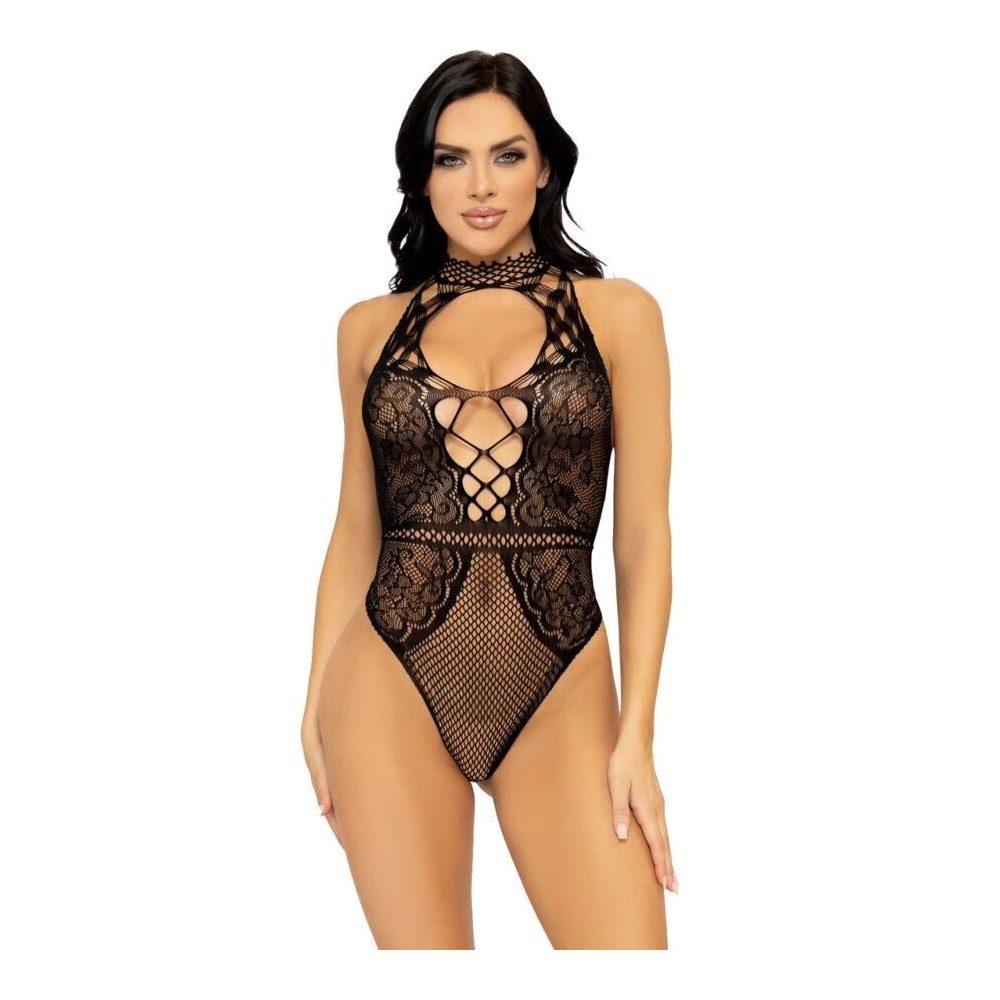 LEG AVENUE - NET AND LACE KEYHOLE HALTER BODYSUIT ONE SIZE