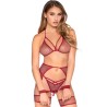 LEG AVENUE - 89362 CONJUNTO TOP + TANGA + LIGA + ALGEMAS VERMELHO - TAMANHO ÚNICO