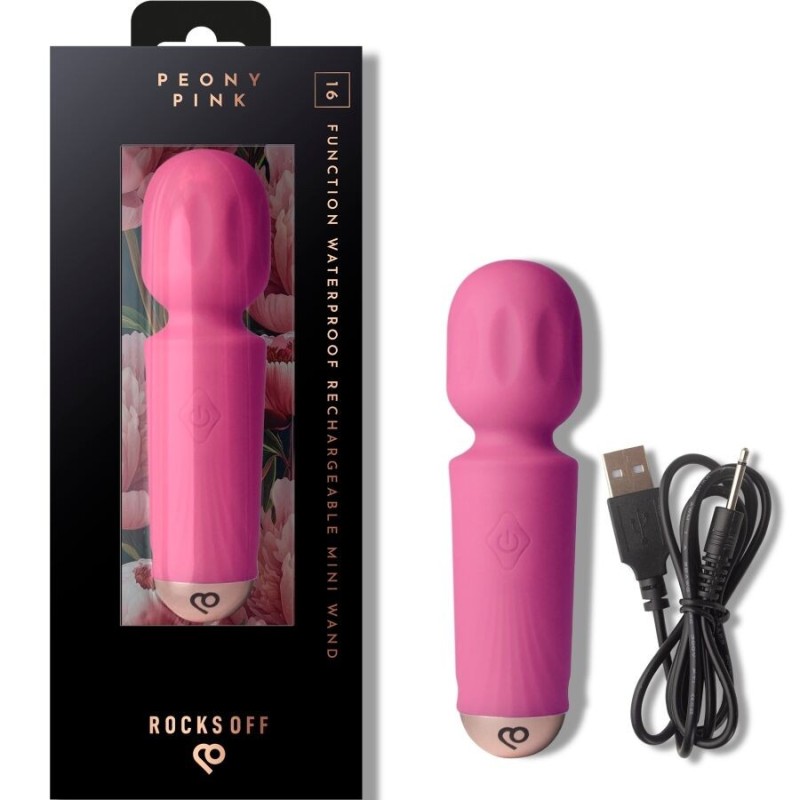 ROCKS-OFF - MINI VARINHA RECARREGÁVEL COM 16 FUNÇÕES ROSA PEÔNIA