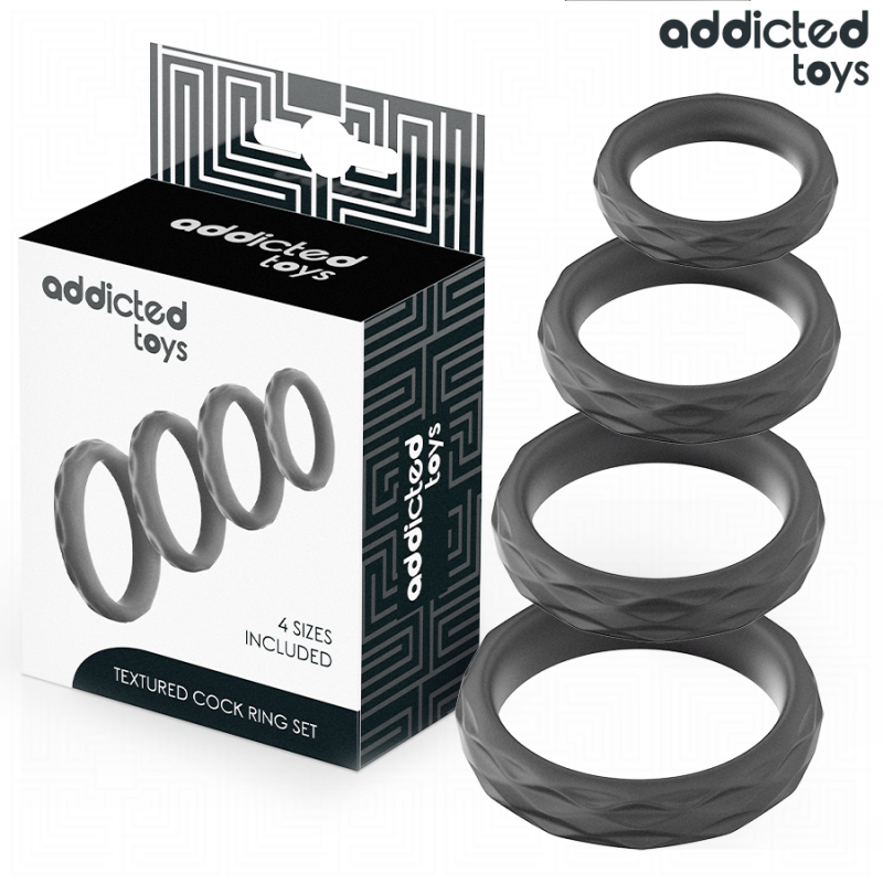 ADDICTED TOYS - CONJUNTO DE ANÉIS PENIANOS TEXTURIZADOS - 4 TAMANHOS
