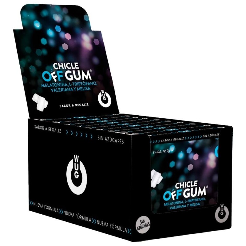 WUG GUM - OFF COM VALERIANA, TRIPTOFANO, ERVA-CLIMÁTICA E MELATONINA | EXPOSITOR 12 X 8 UNIDADES