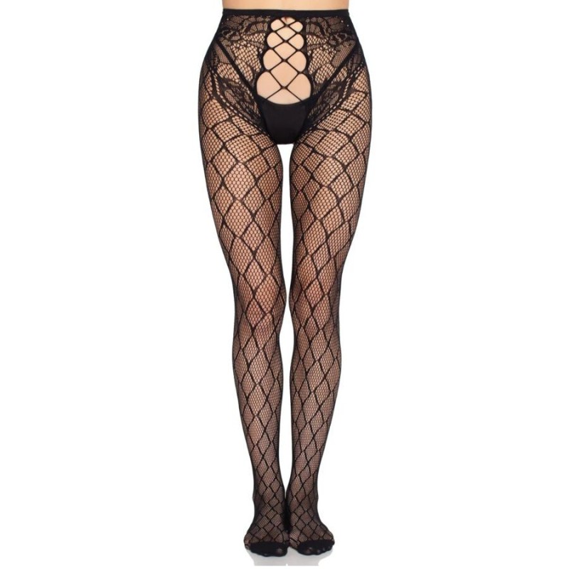 LEG AVENUE - 1966 NETZSTRUMPFHOSE MIT OFFENEM SCHRITT, SCHWARZ - EINHEITSGRÖSSE