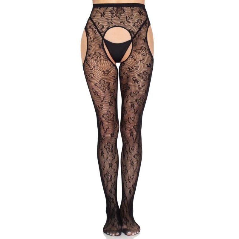 LEG AVENUE - 1967 MEIA-CALÇA COM LIGAS EM REDE PRETA - TAMANHO ÚNICO