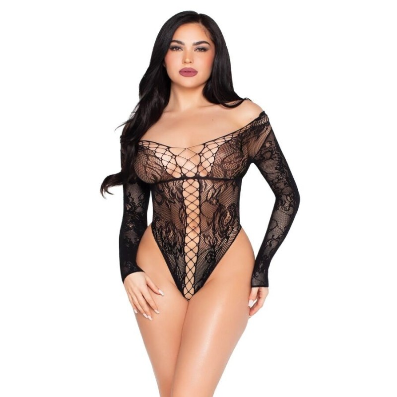 LEG AVENUE - 89370 TEDDY EN RÉSILLE ET DENTELLE NOIR - TAILLE UNIQUE