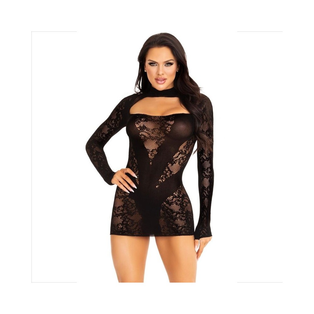 LEG AVENUE - MINI DRESS WITH LACE LONG SLEEVE BLACK