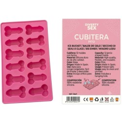 DIABLO PICANTE - 12 PÊNIS DE SILICONE DURO PENDURADOS EM BALDE DE GELO ROSA
