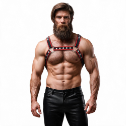FETISH SUBMISSIVE ATTITUDE - HARNAIS DE POITRINE BULLDOG EN CUIR ÉCOLOGIQUE NOIR/ROUGE HOMME