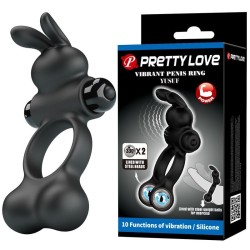 PRETTY LOVE - ANELLO PER PENE VIBRANTE CON STIMOLATORE A FORMA DI CONIGLIETTO, 10 FUNZIONI, NERO
